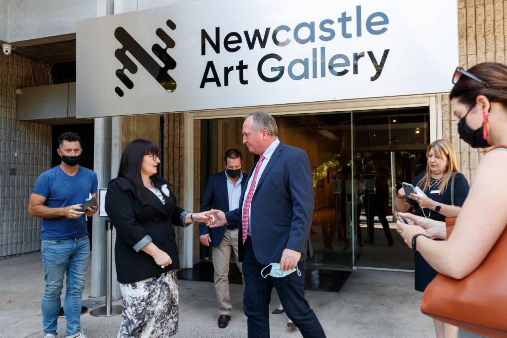 Newcastle Art Gallery director Lauretta Morton with MP Barnaby Joyce in January 2022 when he announced federal funds for the expansion project. Picture by Max Mason-Hubers