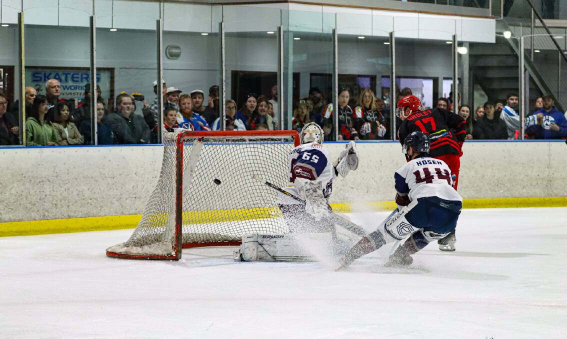Northstars forward Francis Drolet scores against Sydney Ice Dogs on Sunday. Picture supplied