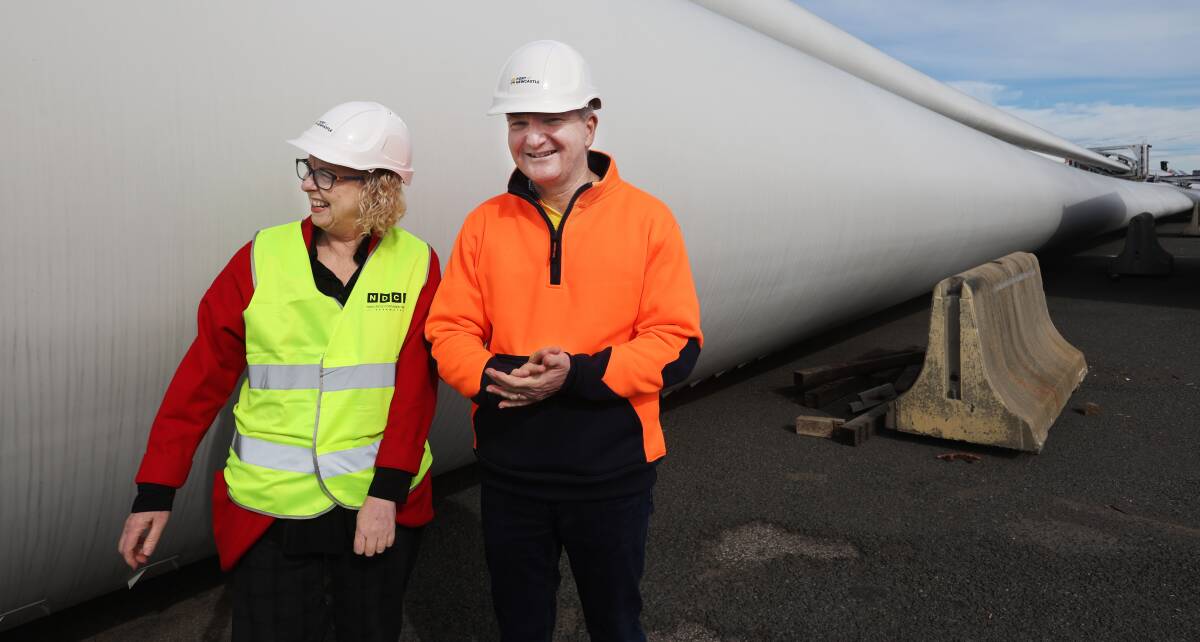 Climate Change and Energy Minister Chris Bowen with Newcastle MP Sharon Claydon at an offshore wind farm announcement in Newcastle. Picture by Simone de Peak