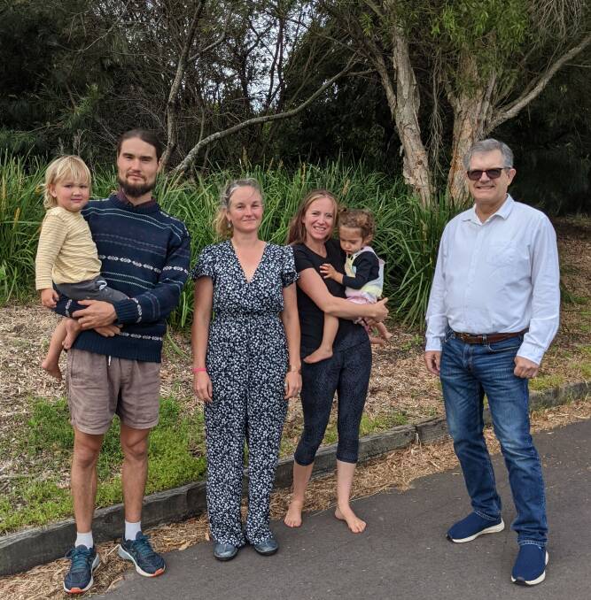 Michael Ellis, left, who will share his story of homelessness, with Nissa Phillips, Carly Phillips, who will talk about climate change, and Reverend Tom Stuart. Picture: Supplied