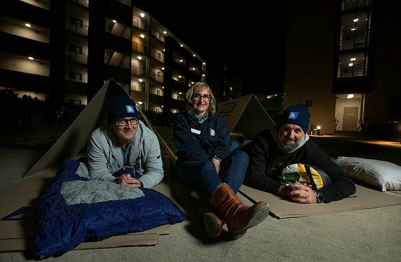 Vinnies Regional Director, North East, Clare Van Doorn, pictured at the Vinnies CEO sleepout at Cardiff with Graeme Vennell and Adam Boyle. Picture by Marina Neil.