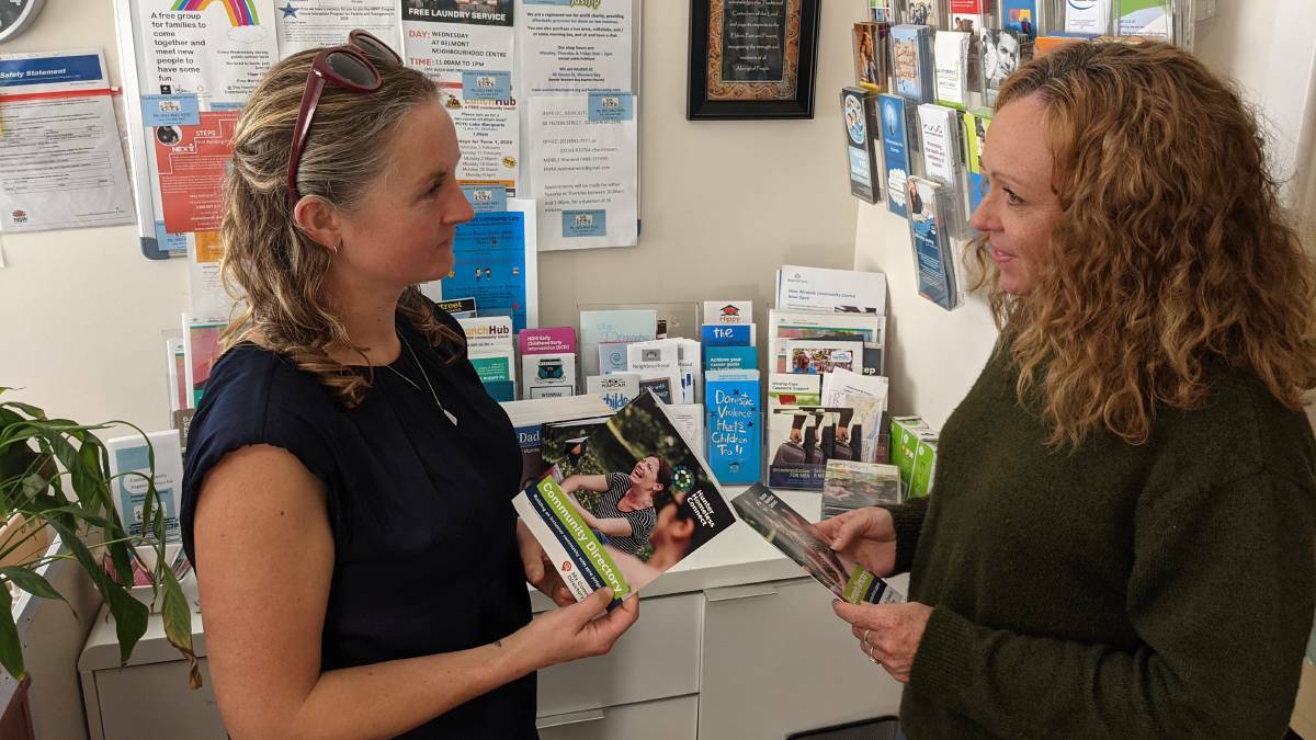 Connecting the Hunter coordinator with Hunter Homeless Connect, Nissa Lee Phillips speaking with East lakes Family Support Service financial counsellor Tracey Peart. Picture: supplied