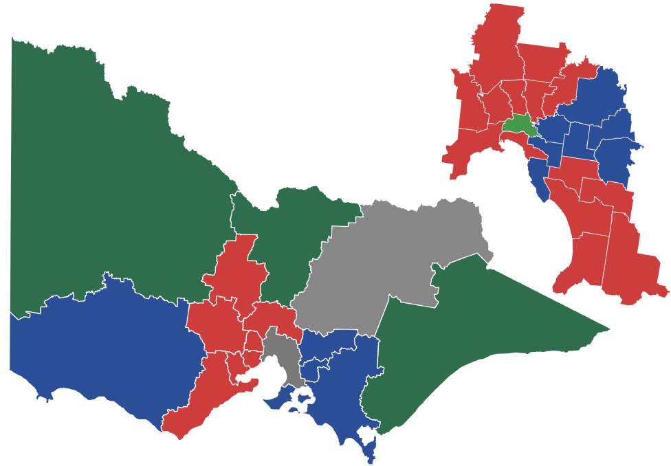 The Victorian electoral map from the 2022 federal election, showing the Liberal win in Wannon and Labor taking out Ballarat and Bendigo. Picture by Monokamui