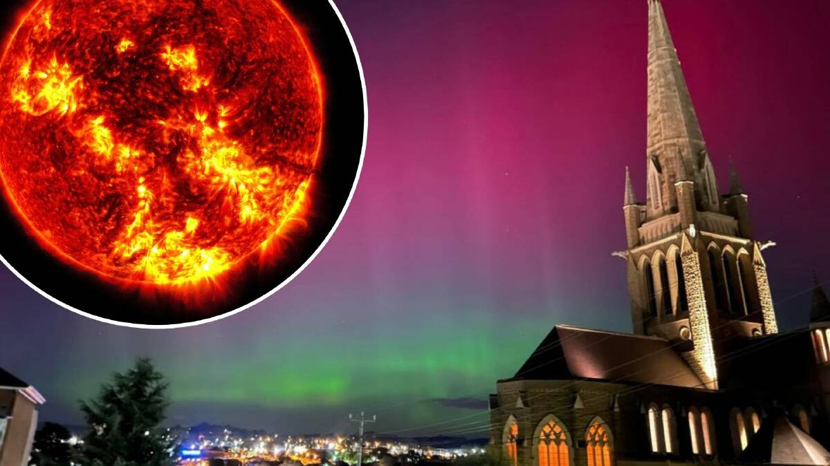 The aurora australis over Bendigo's Sacred Heart Cathedral, sun's solar flares (inset). Pictures by Kelis Charles/NASA/X