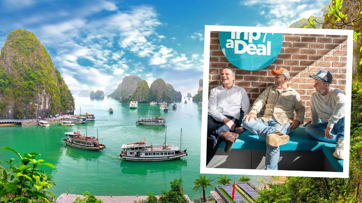 The founders of TripADeal (inset) and Halong Bay in Vietnam, one of the destinations they cover. Pictures by Shutterstock/Qantas