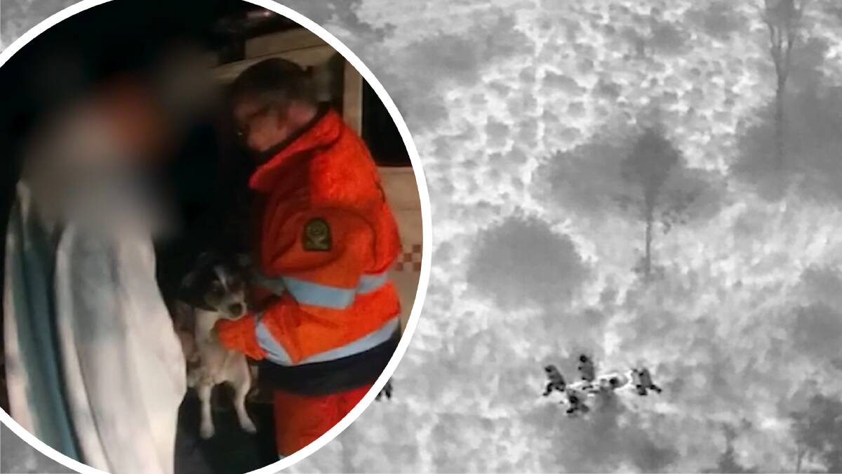 The male hiker, his dog and an emergency services worker after the rescue (left) and drone footage of the man carried from the mountain on a stretcher. Pictures supplied