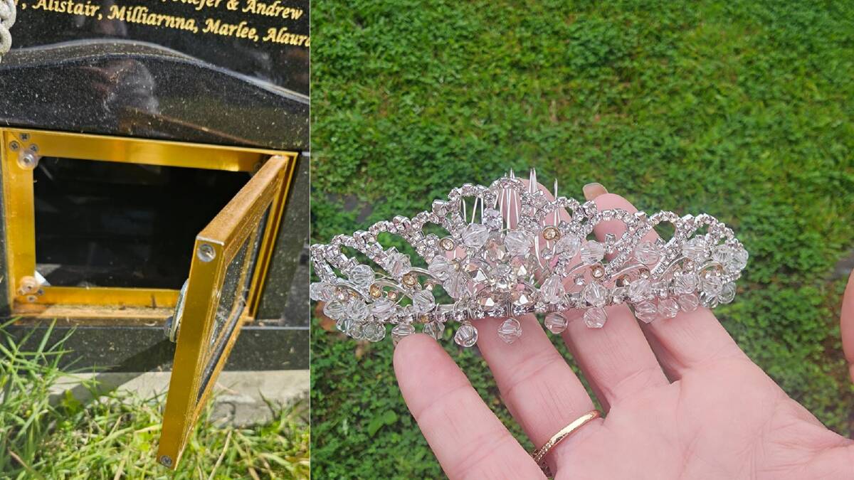 Brittney Conway's headstone after the tiara was allegedly stolen (left) and the tiara after it was returned (right). Pictures Facebook