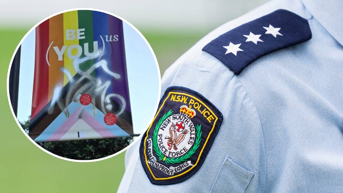 A Pride flag at Macquarie Uni graffitied with offensive symbology (inset) and a NSW Police officer. Picture Reddit/File