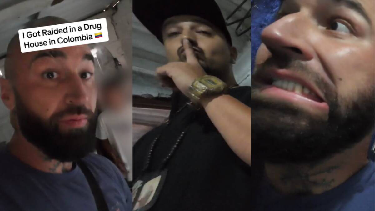 Australian YouTuber Spanian urged to keep quiet by an alleged gang member as the Colombian military raided their drug den. Picture Spanian/TikTok