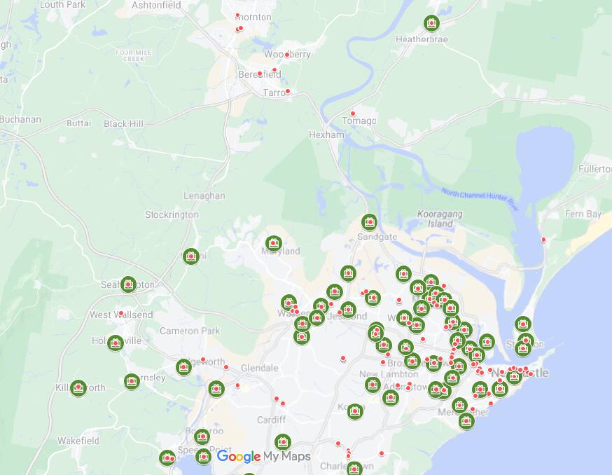 Locations of Newcastle payphones.