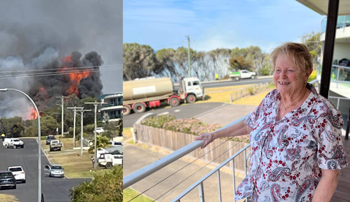 Jan Blaxter watches emergency services attend to a fire in the vicinity of Aslings Beach in Eden NSW, September 19, 2023. Pictures by James Parker 