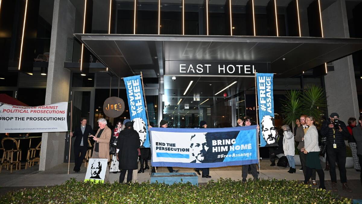 Mr Assange's supporters gather outside the East Hotel in Kingston. Picture by Elesa Kurtz