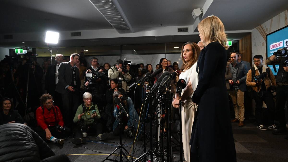 Stella Assange and Jennifer Robinson address the media pack. Picture by Elesa Kurtz