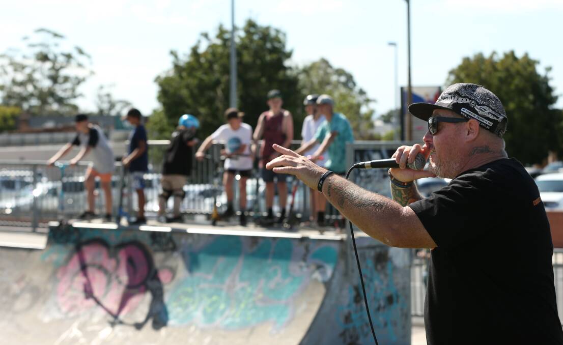 Shane Kennedy busting out lyrics during a competition at Rutherford Skate Park as part of Youth Week in 2018. Picture by Simone De Peak