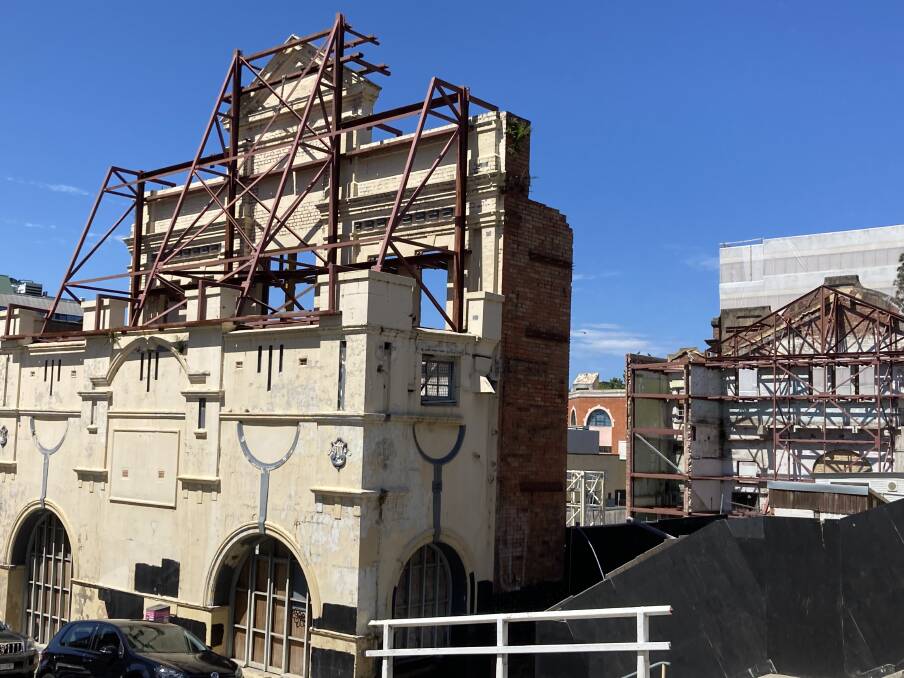 The surviving facade of the old Lyrique cinema and rear wall after being gutted for rebuilding in late 2021. Picture by Mike Scanlon