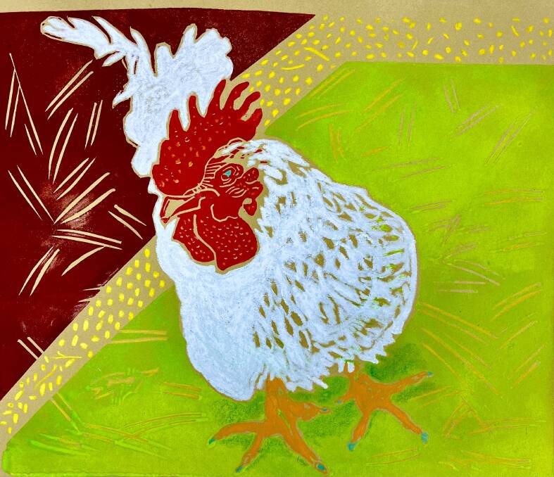 A rooster artwork from Mario Minichiello's Homeward Bound show at Straitjacket.
