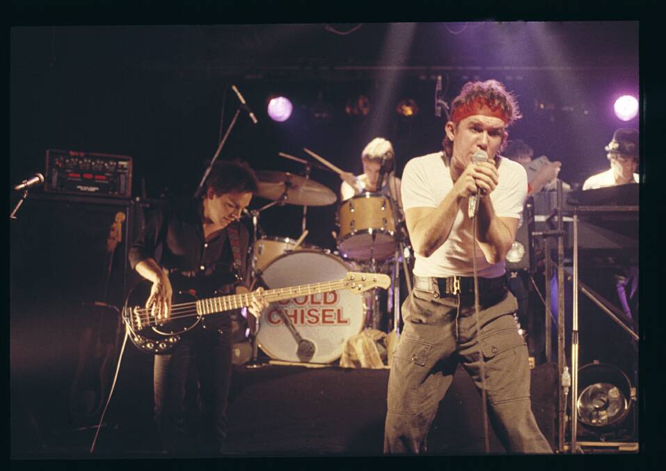 Cold Chisel in concert when East was released, with Cheap Wine, Star Hotel, Rising Sun, Standing on the Outside and Four Walls on it. Picture courtesy of Cold Chisel