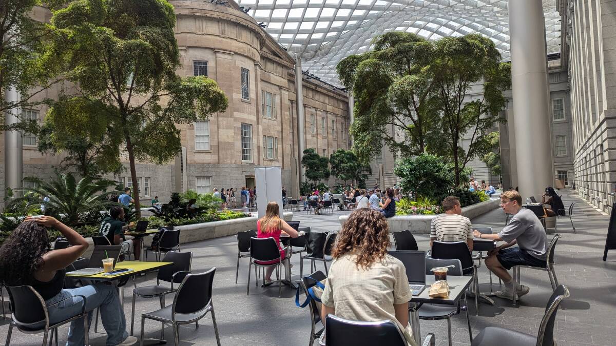 The Robert and Arlene Kogod Courtyard in the middle of the Smithsonian Portrait Gallery and the Smithsonian American Art Museum.