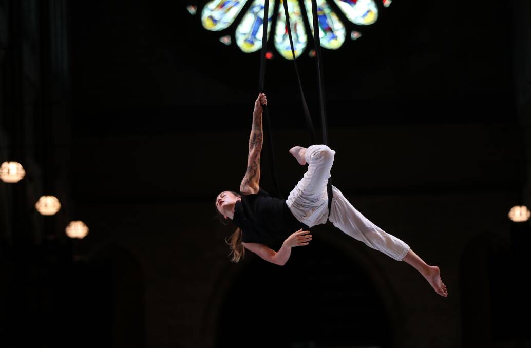 Circa acrobat Kim Rossi performs a routine from What Will Have Been at ChristChurch Cathedral at a press call on Friday. Picture by Peter Lorimer