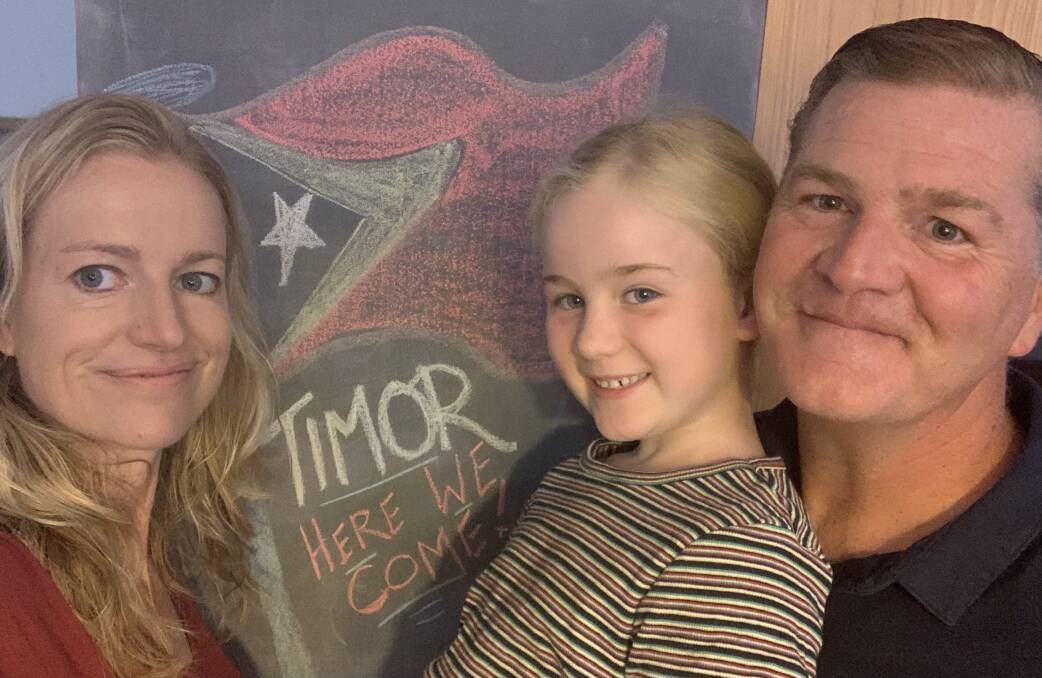 Here We Come: Aaron Kearney, wife Karen Shrosbery and six-year-old daughter Edith are headed for East Timor. 