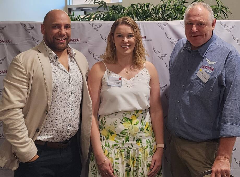 Joshua and Andrea Simpson, of Aspire Speech Pathology, with Allan Groth of Services for Australian Rural and Remote Allied Health, at the workforce forum in Singleton. Picture supplied 