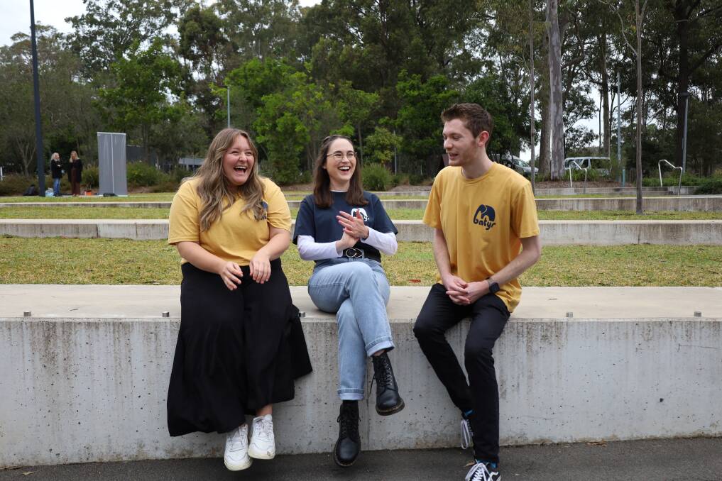 Dr Hannah Brown (centre), batyr program coordinator for the University of Newcastle, with Marlena Wagner and Kane Predebon, of the program's student exec. Picture supplied 