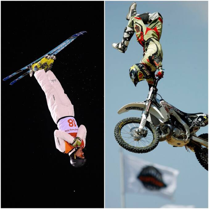 Upside Down: Aerial skier David Morris and motocross rider Travis Pastrana.  