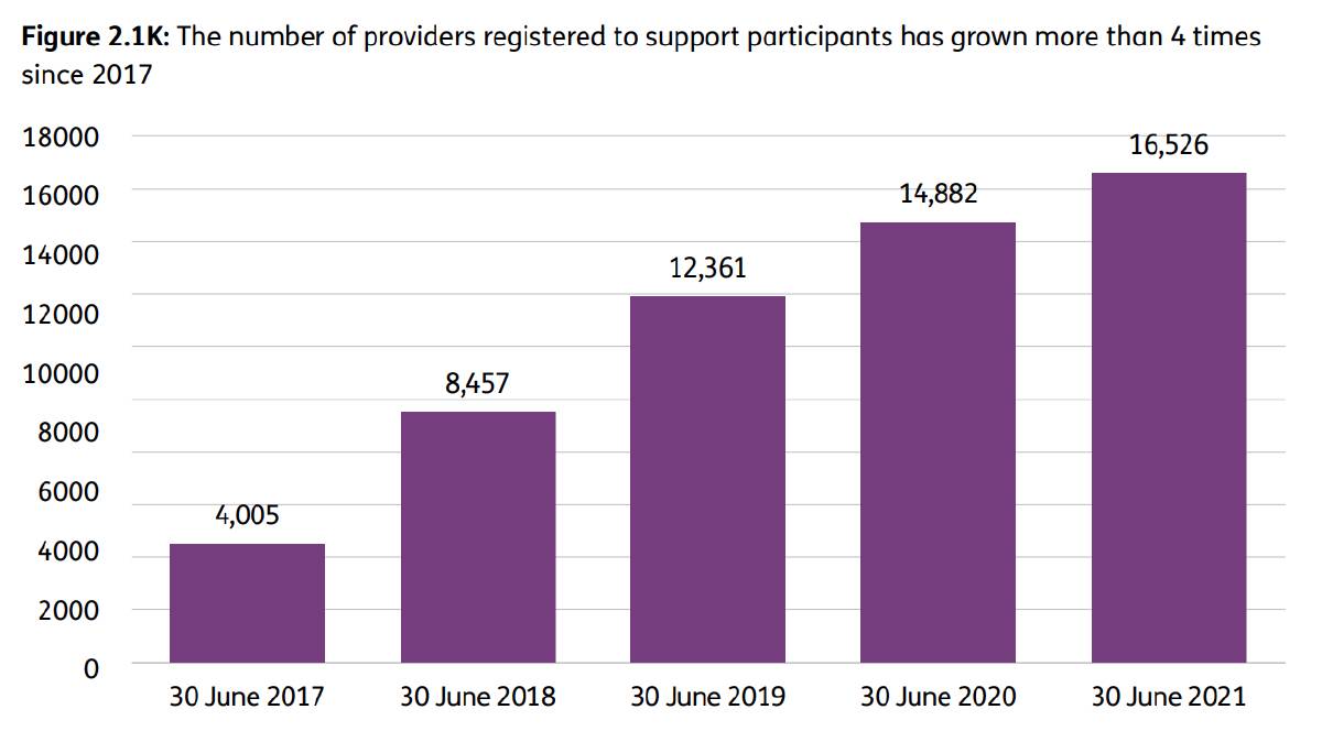 A graph from the most recent NDIS annual report showing the growth in plan provider numbers since 2017.