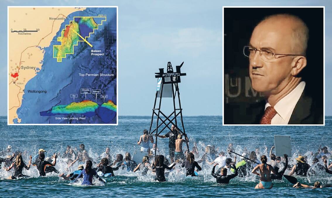 PADDLE POWER: Insets showing the relevant area of PEP-11 that the Advent Energy/Bounty Oil and Gas joint-venture have been interested in testing; and Advent chairman David Breeze. The main image shows a PEP-11 protest off Nobbys Beach in May. Picture: Marina Neil