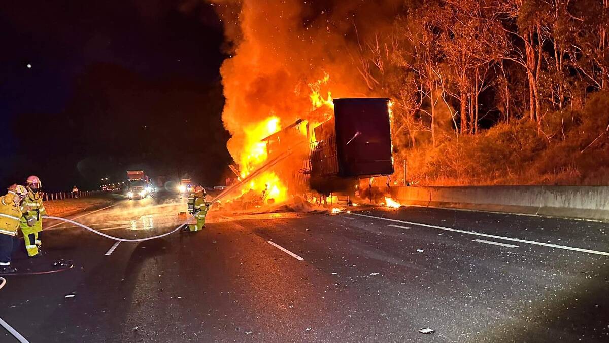 The inferno on the M1 Pacific Motorway. Picture by Tuggerah Rural Fire Brigade - NSW RFS