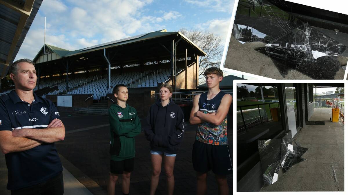 Newcastle City Juniors AFL President Tim Parker with Newcastle City Junior AFL players Gabe Pepper, 14; Lucinda Parker, 16, and Archi Parker, 13, at at No. 1 Sportsground. Picture by Simone De Peak