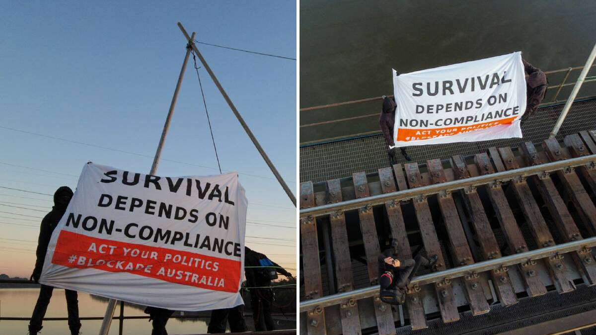 Activists from Blockade Australia have climbed atop the Kooragang Rail Bridge. Pictures by Blockade Australia