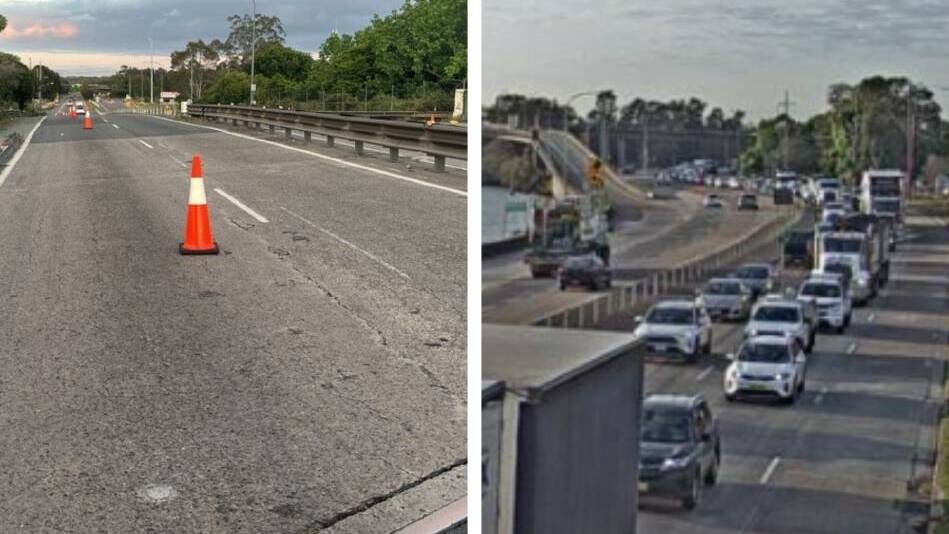 Traffic has already been heavy on the stretch of the New England Highway at Tarro as column repairs to the rail bridge take place.