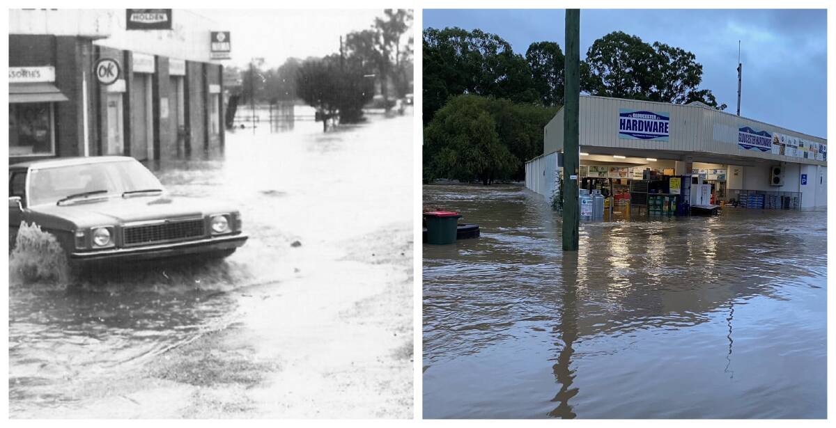 On the left, a car leaves Grahame's garage during the 1978 flood. On the right, the same building, now Gloucester Hardware during the 2021 flood. 