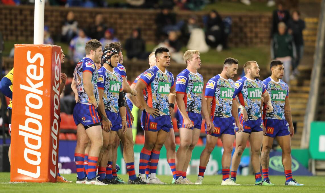 DISAPPOINTED: The Knights ponder another Penrith try. Picture: Jonathan Carroll