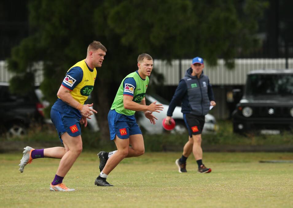 Max Bradbury, left, training with the Knights earlier in the pre-season. Picture by Simone De Peak