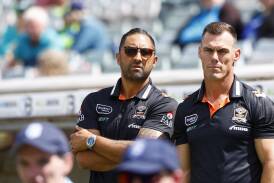 Tigers coach Benji Marshall and assistant John Morris. Picture by Keegan Carroll