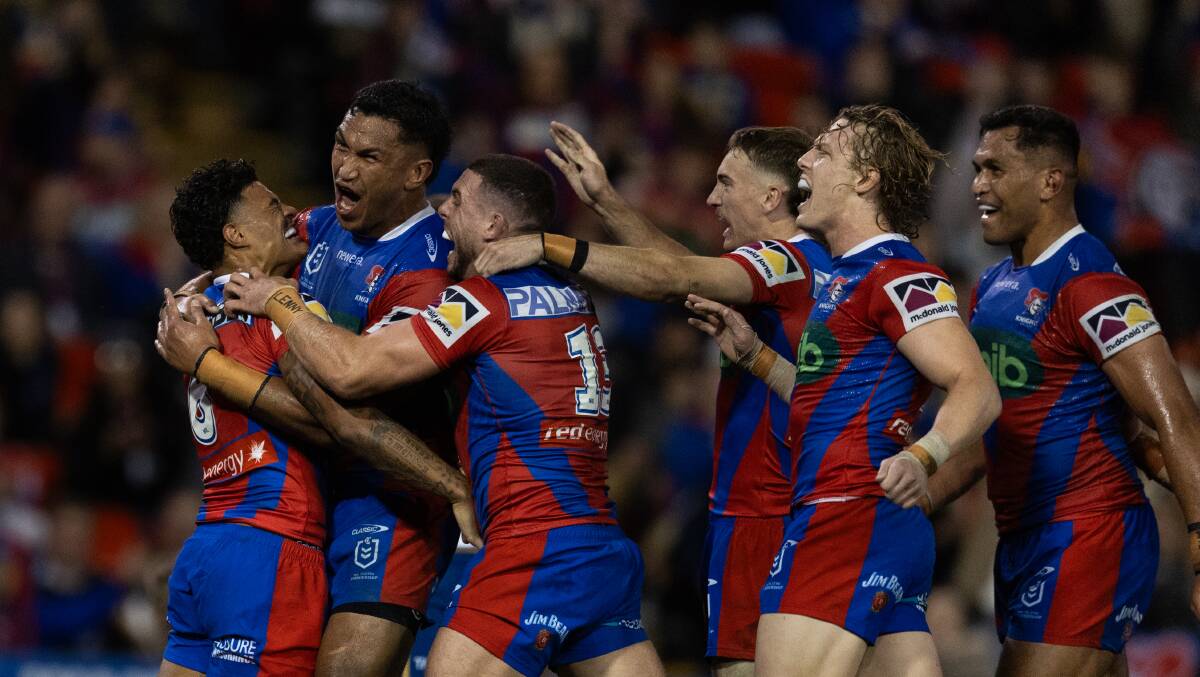The Knights celebrate Will Pryce's try against Parramatta. Picture by Jonathan Carroll