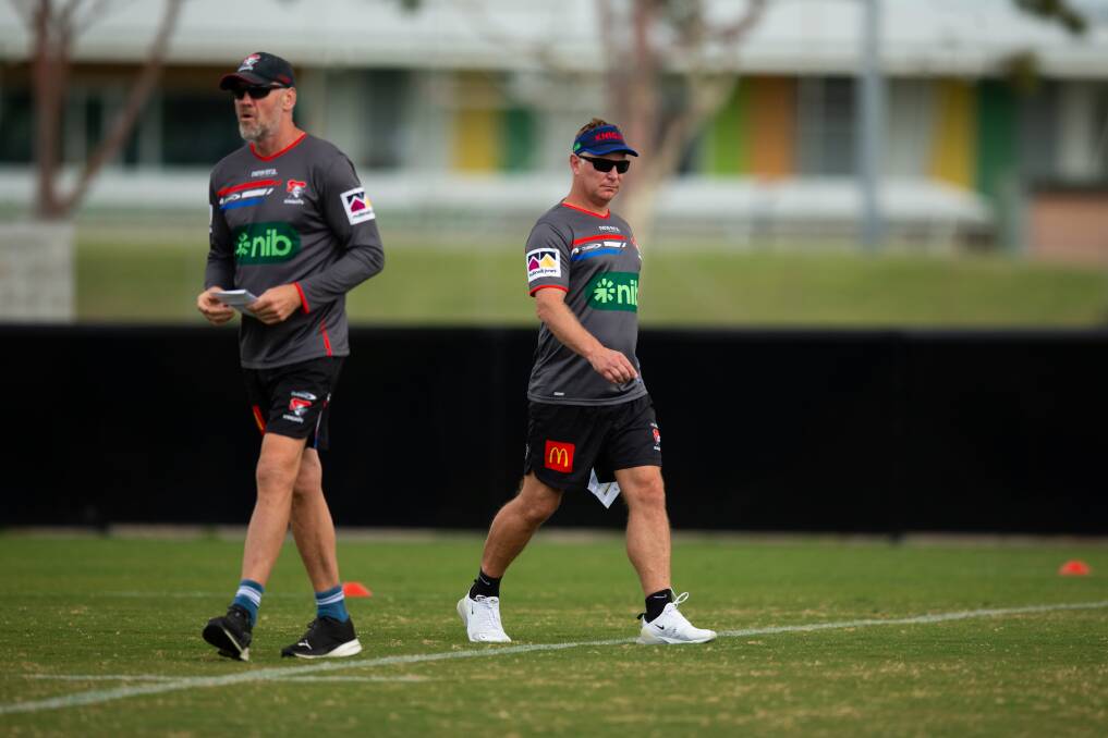 Knights coach Adam O'Brien, right, and assistant Brian McDermott at training on Thursday. Picture by Jonathan Carroll