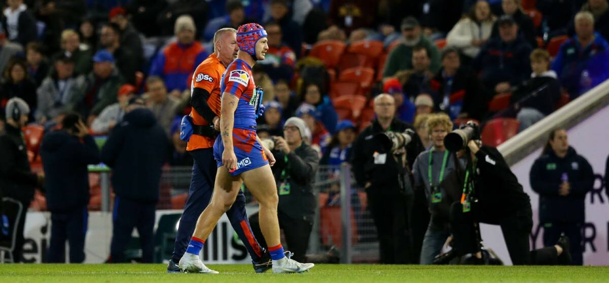 Kalyn Ponga leaves the field after being concussed against the Roosters last year. Picture by Jonathan Carroll