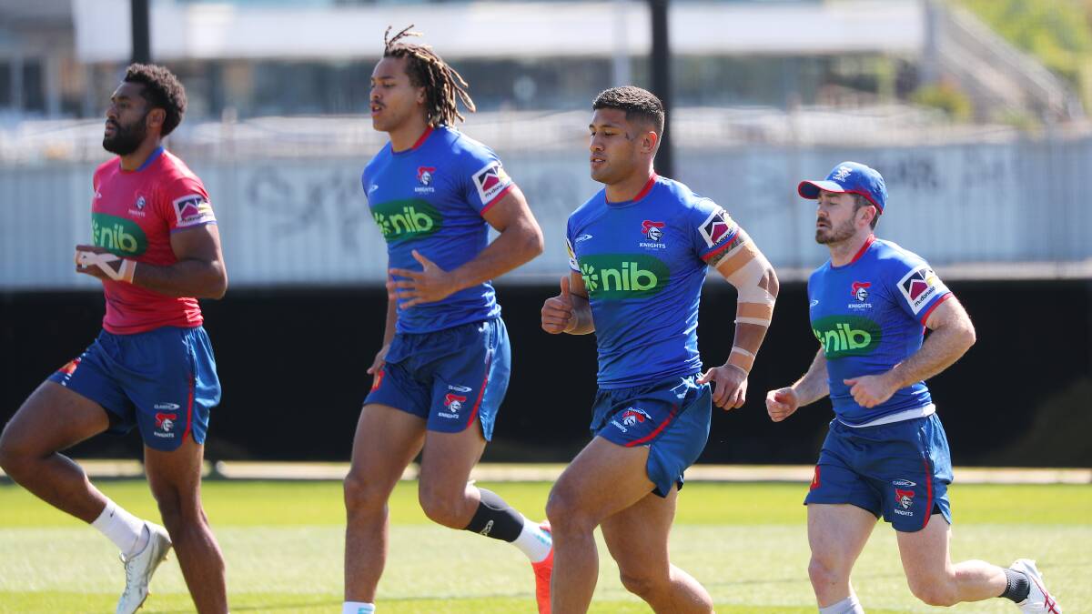 Fa'amanu Brown, second from right, at training this week. Picture by Peter Lorimer