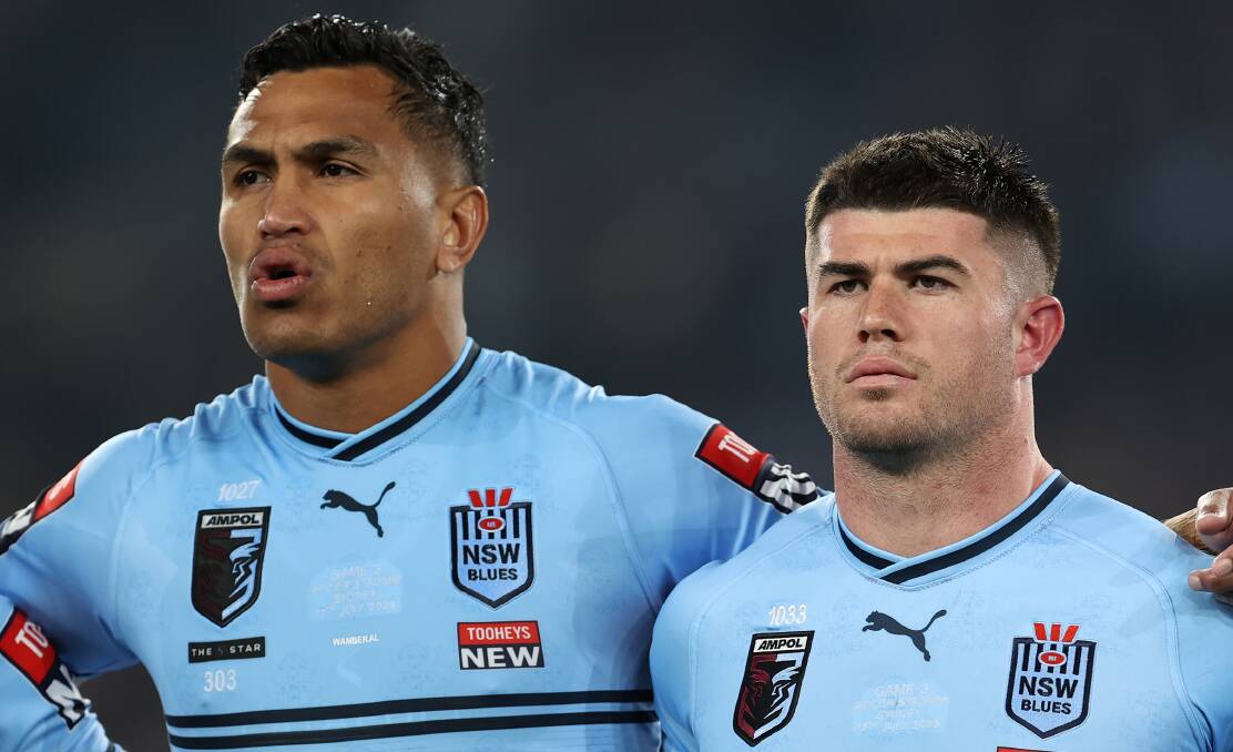 Jacob Saifiti and Bradman Best before the kick-off to Origin III. Picture Getty Images