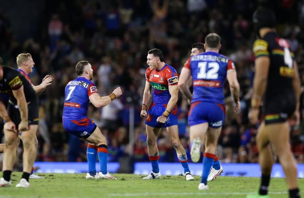 Tyson Gamble after kicking his field goal against Penrith. Picture by Jonathan Carroll