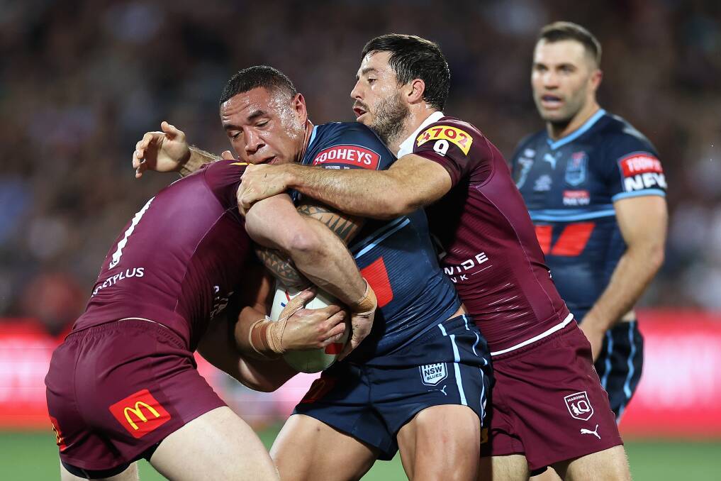 NSW forward Tyson Frizell takes a hit-up against Queensland in Origin I. Picture Getty Images