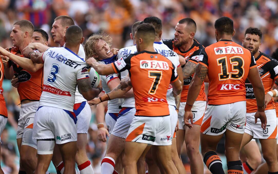 Tigers enforcer David Klemmer during a flare-up with his former Newcastle teammates in round two. Picture Getty Images