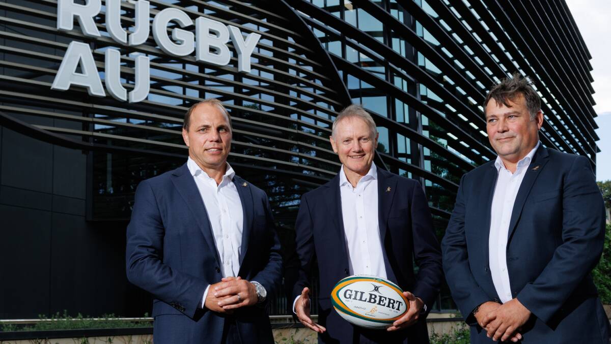 Rugby Australia CEO Phil Waugh, Wallabies coach Joe Schmidt and High Performance Manager Peter Horne. Picture Getty Images