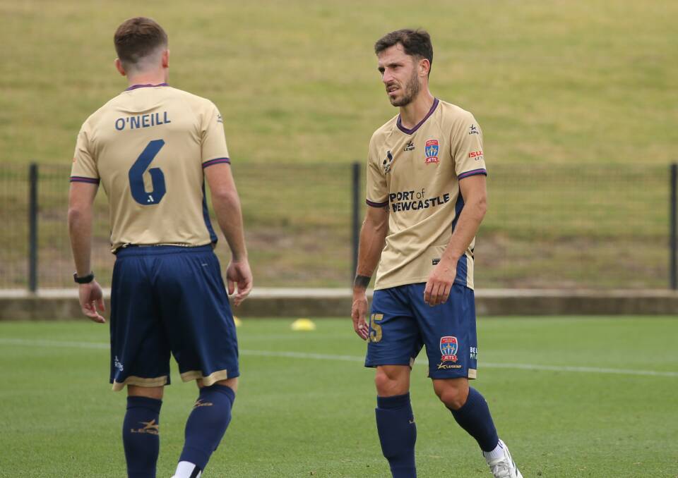 French import Jason Berthomier talks with captain Brandon O'Neill during the Jets' pre-season friendly against Western Sydney. Picture by Jonathan Carroll 