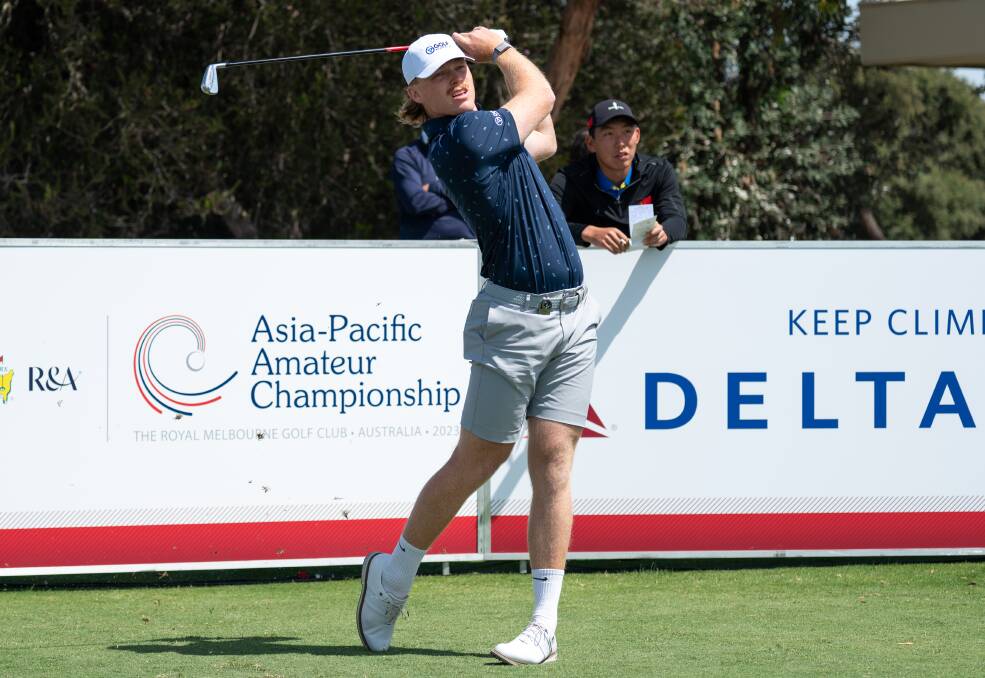 Jye Pickin on the tee during a practice round for the Asian Pacific Amateur Championships which starts at Royal Melbourne on Thursday. Picture ACC