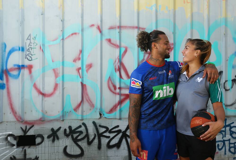 DYNAMIC DUO: Knights prop and wife Gabriella, who is playing basketball for the Newcastle Hunters. Picture: Jonathan Carroll