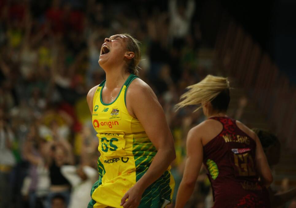 An emotional shooter Donnell Wallam celebrates after scoring the match-sealing goal for Australia against England at the Newcastle Entertainment Centre on Wednesday night. Pictures by Marina Neil
